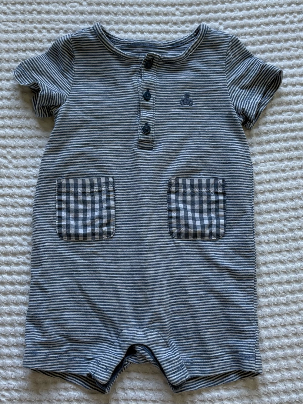 Baby Gap Blue White Stripe Cotton Romper Gingham Patch Pockets Unisex: 12-18M